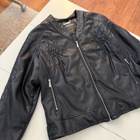 Whimsigoth Biker Moto Chic Faux Leather Jacket Floral Embroidered Edgy Rocker - Picture 4 of 7